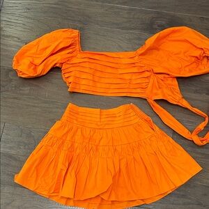 Ramy Brook Vibrant Orange Pleated Skirt Set